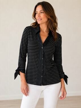 Rayure Top Women size FR 36 US 6 Navy Striped V Neck 3/4 Tie Sleeves